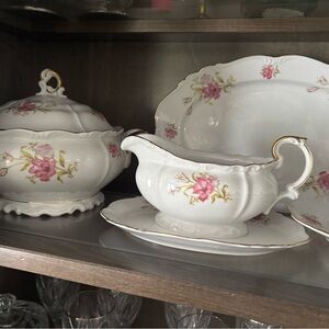 Edelstein Vintage Floral Serveware Set with Pink and Gold Accents